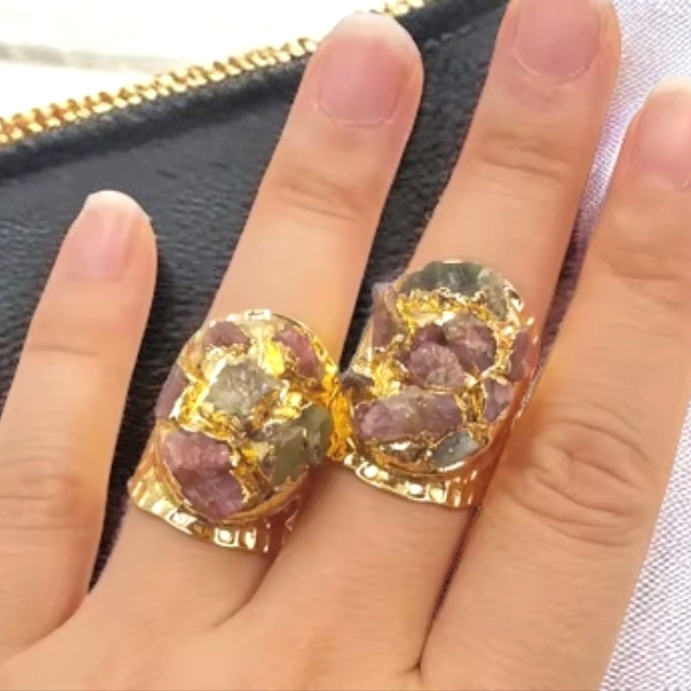 18k Gold Plated Genuine Tourmaline Crystal Stone Chips Ring